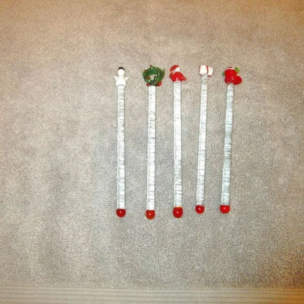 Vtg Hand Blown Glass Christmas Swizzle Sticks Set Of 5 Drink Cocktail Stirrer